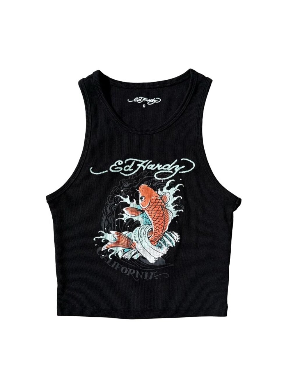 Ed Hardy Black Koi Graphic Ribbed Tank S